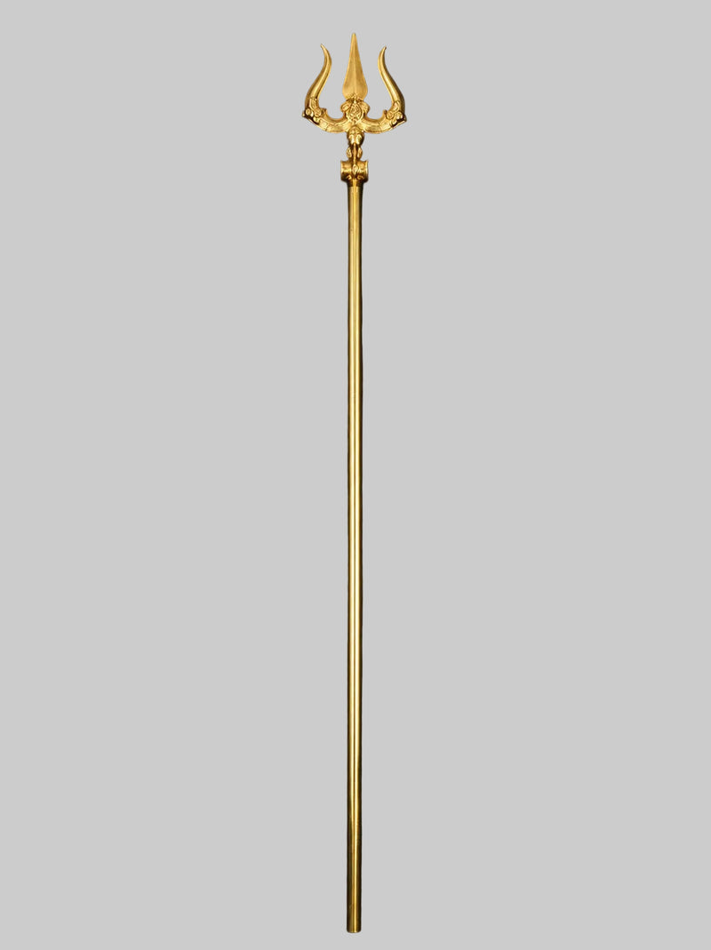 Brass trishul with three-tined top and long straight shaft