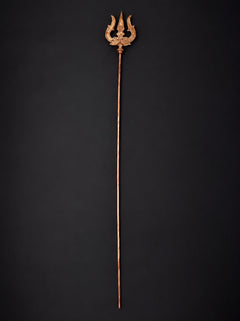Large copper trishul staff with three-pronged tip and long shaft
