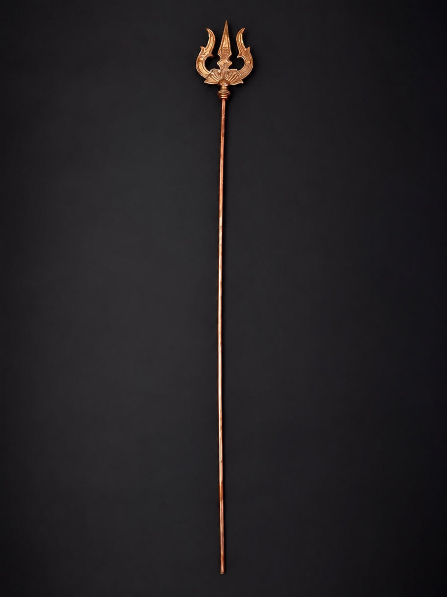 Large copper trishul staff with three-pronged tip and long shaft