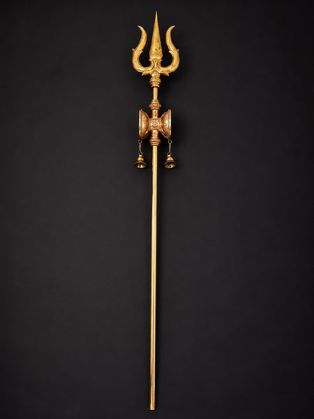 Large Size Bronze & Brass Lord Shiva's Trishul with Damaru and Bells (Height: 67 Inches)