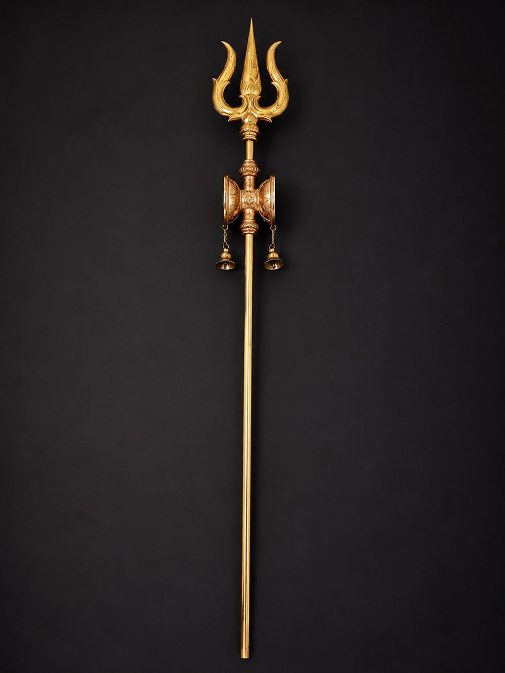 Large Size Bronze & Brass Lord Shiva's Trishul with Damaru and Bells (Height: 67 Inches)
