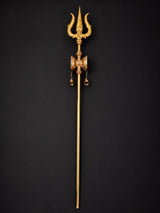 Large brass trishul staff with damaru details and hanging bells