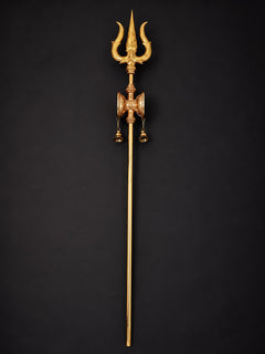 Large brass trishul staff with damaru details and hanging bells