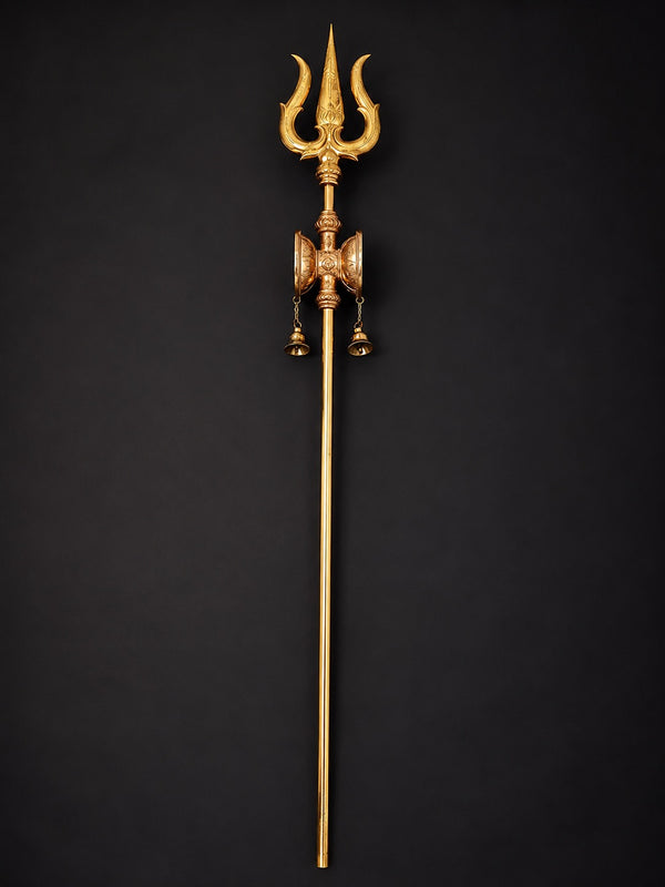 Large Size Bronze & Brass Lord Shiva's Trishul with Damaru and Bells (Height: 67 Inches)