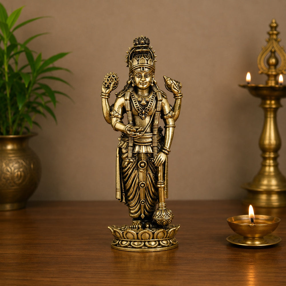 Brass Standing Lord Vishnu Murti – Idol for Home Temple, Pooja & Spiritual Décor (Height: 6 Inches)