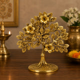 Brass kalpavriksha tree ornament with small flower blossoms on round pedestal