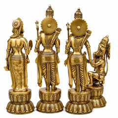 Set of four golden brass deity statues standing and seated on round carved bases