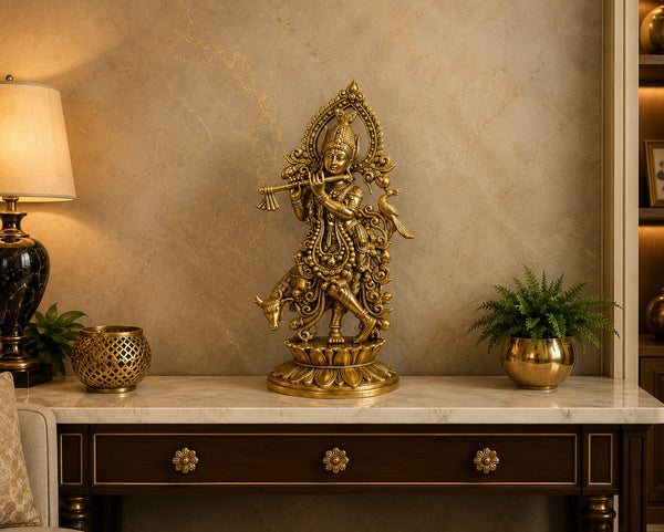 Brass Gold Lord Bhagwan Krishna Murti with Flute with Cow Statue for Home Temple Decor (Height: 12 Inches)