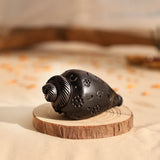 Dark decorative conch shell with spiral ridges and dotted pattern on a wooden stand.