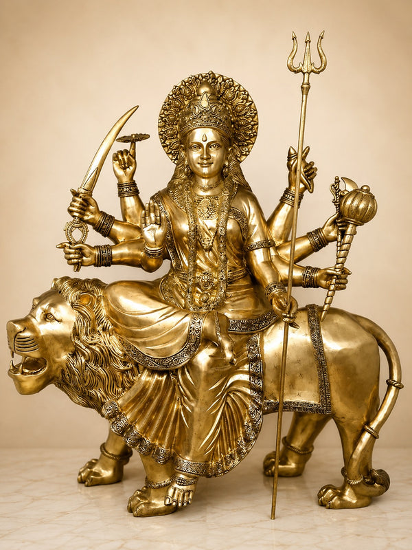 Large Brass Durga (Sherawali Maa) Statue – The Invincible Divine Shakti (Height: 67 Inches)