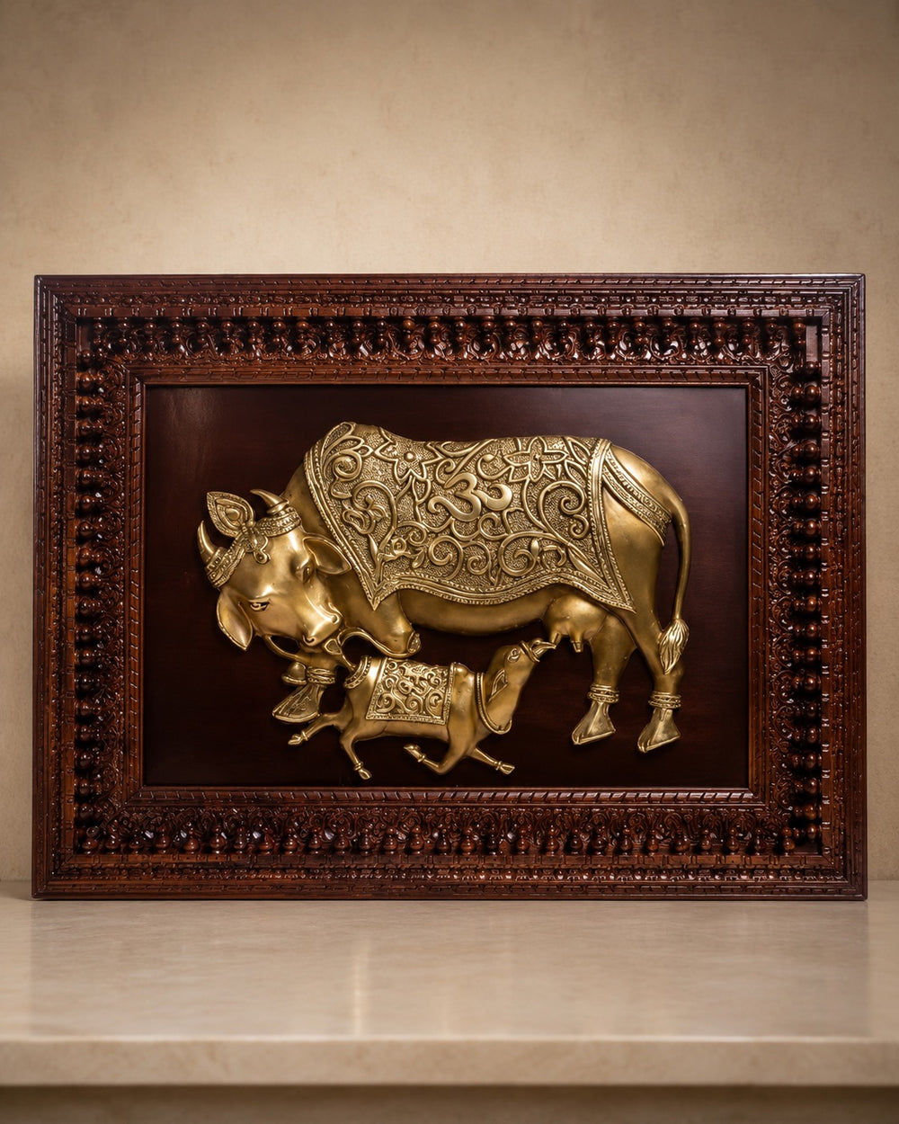 Brass Kamadhenu Cow with Calf Framed Wall Art for Home & Temple Décor (Height: 36 Inches)