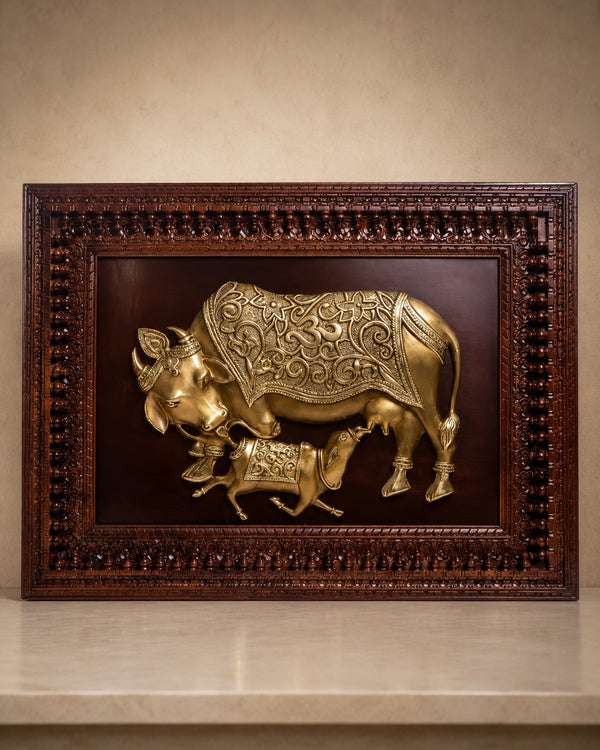 Brass Kamadhenu Cow with Calf Framed Wall Art for Home & Temple Décor (Height: 36 Inches)