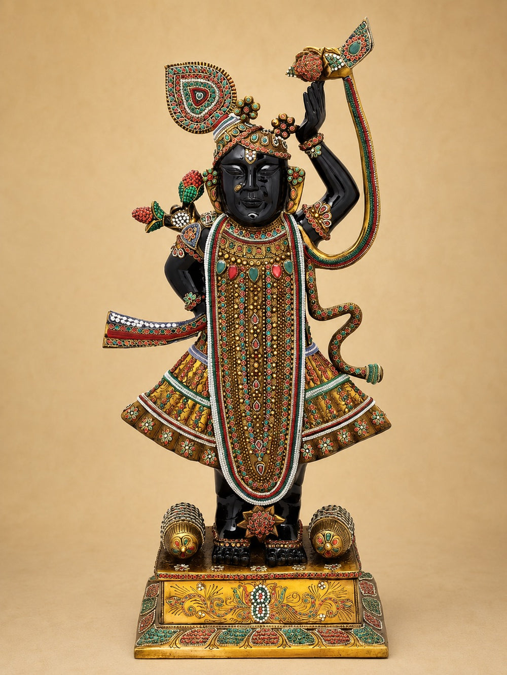 Majestic Brass Shrinath Ji Idol with Elegant Inlay Art (Height: 32 Inches)