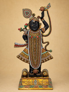 Brass Shrinath Ji idol with colorful inlay, both arms raised, decorated gold pedestal
