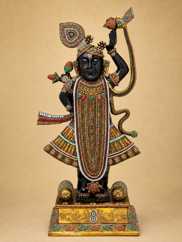 Majestic Brass Shrinath Ji Idol with Elegant Inlay Art (Height: 32 Inches)