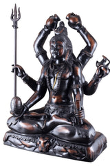Bronze-finish six-armed seated Lord Shiva statue with trident staff and detailed face