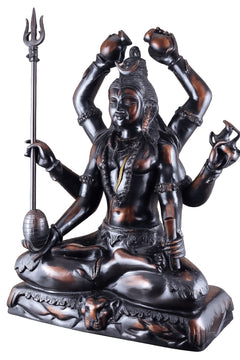 Bronze-finish six-armed seated Lord Shiva statue with trident staff and detailed face