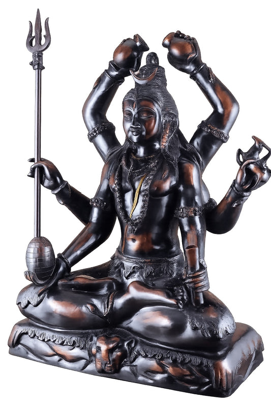 Bronze-finish six-armed seated Lord Shiva statue with trident staff and detailed face