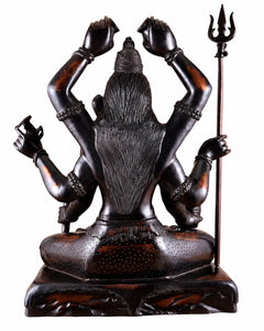 Back view bronze-finish six-armed seated Lord Shiva statue with trident on side