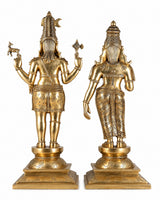 Brass Shiva and Parvati deity statues, back and side detailing, on pedestals