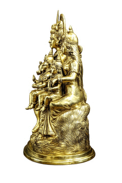 Gold-tone brass Shiva Parivar statue, seated group with trident and children