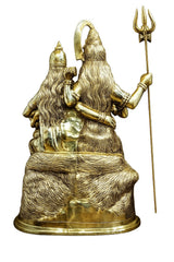 Gold-tone brass Shiva Parivar statue, side view with trident, Parvati figure and child