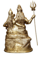 Pure brass Shiv Parivar idol from side, long hair, trident raised on pedestal