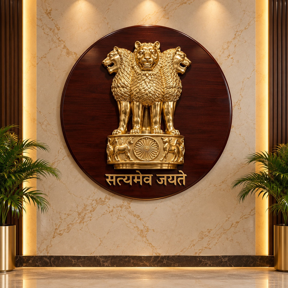 Brass Ashoka Emblem Wall Hanging with Wooden Frame (Height: 50 Inches)