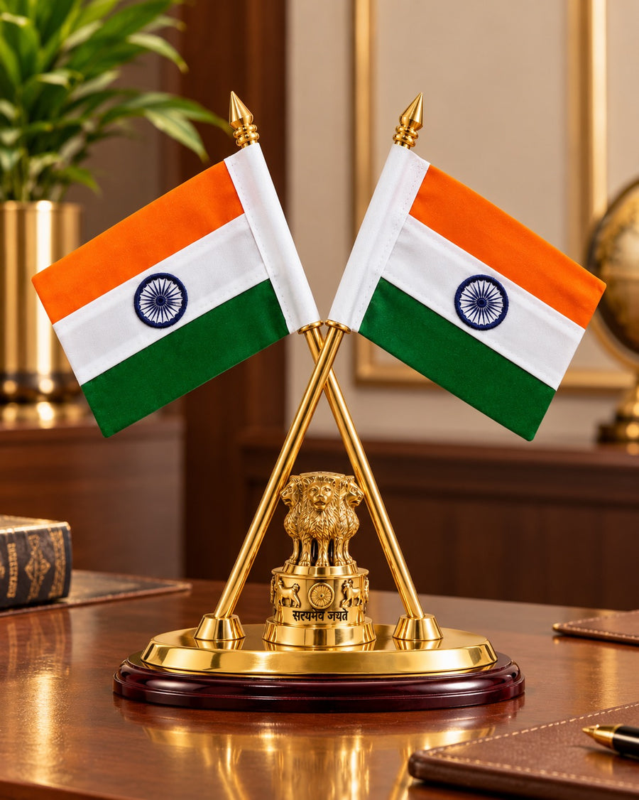 Brass National Flag Stand with Ashoka Emblem for Office and Institutional Décor (Height: 12 Inches)