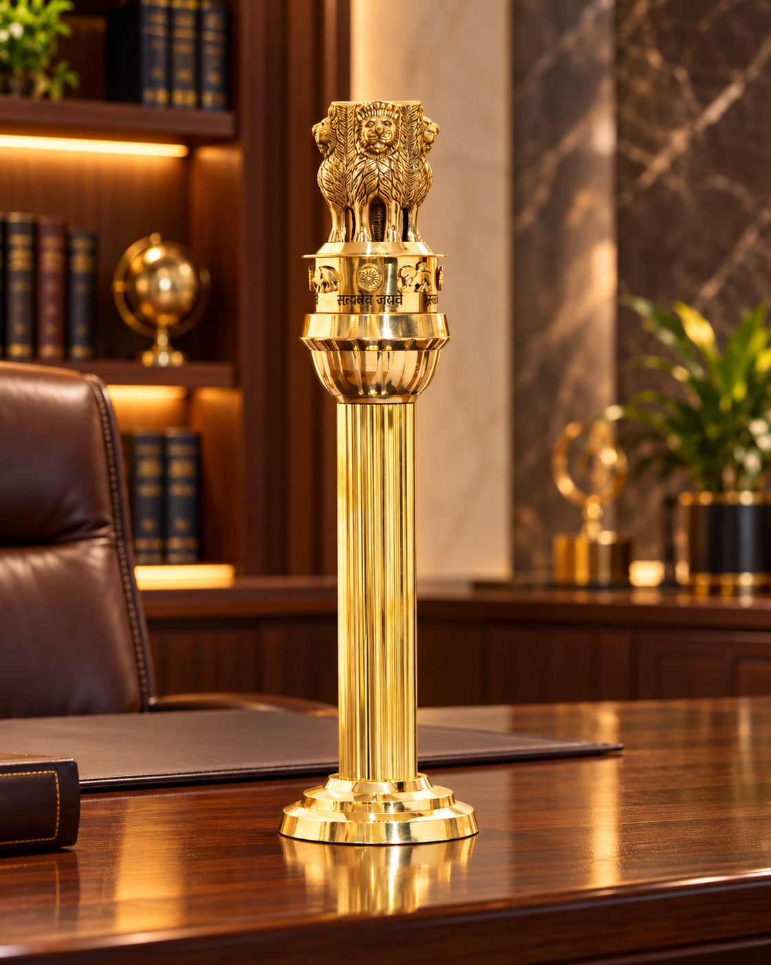 Premium Brass Ashoka Stambh (Ashoka Pillar) Showpiece for Office and Institutional Décor (Height: 13.5 Inches)