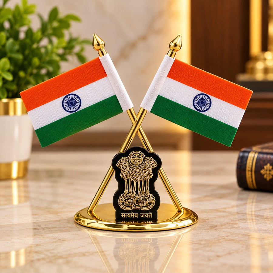 Brass Indian flag ornament with crossed flags and detailed Ashoka emblem