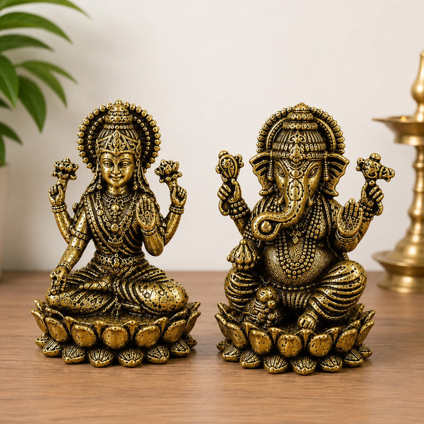 Brass Sitting Lakshmi Ganesh Idol – Antique Finish Handcrafted Statue for Home Temple, Pooja Room & Décor (Height: 1.4 Inches)