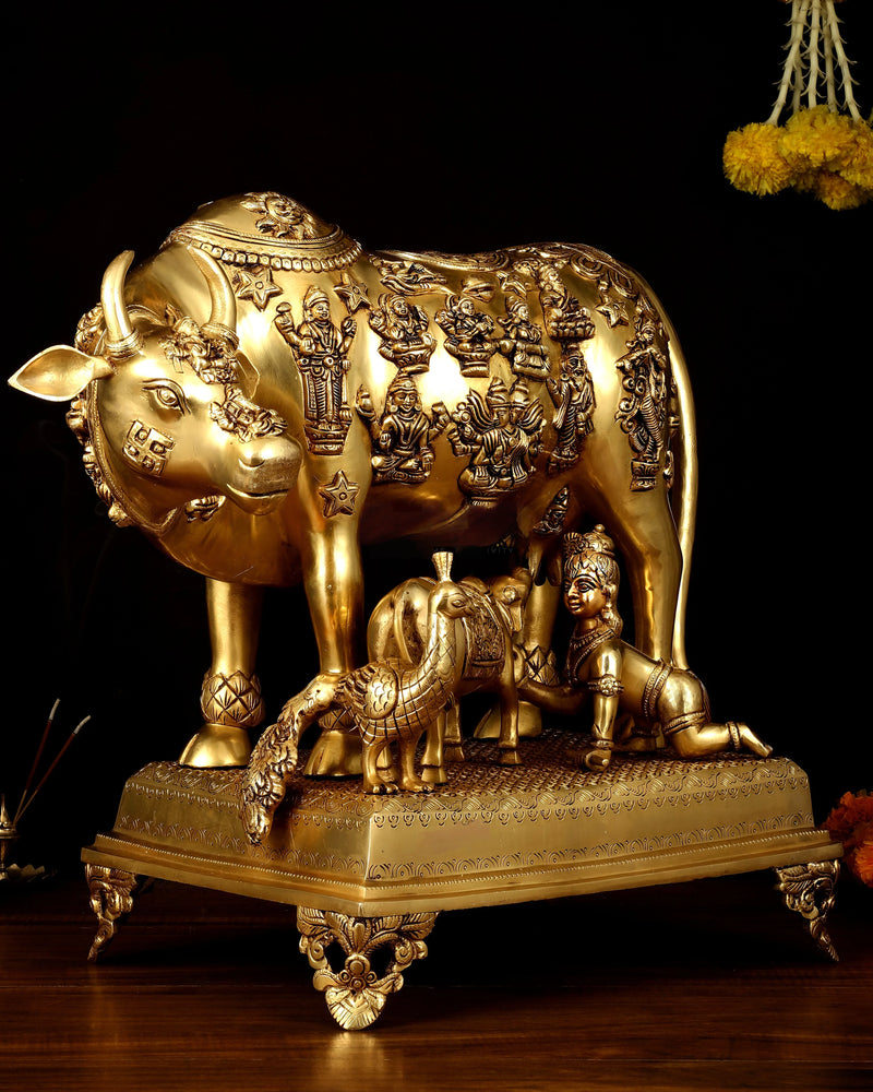 Brass Kamdhenu Large Cow with Calf, bal gopal and engraved deities Statue (Height: 20 Inches)