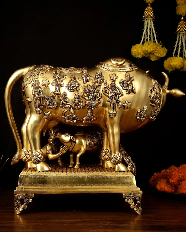 Brass Kamdhenu Large Cow with Calf, bal gopal and engraved deities Statue (Height: 20 Inches) Study Setting