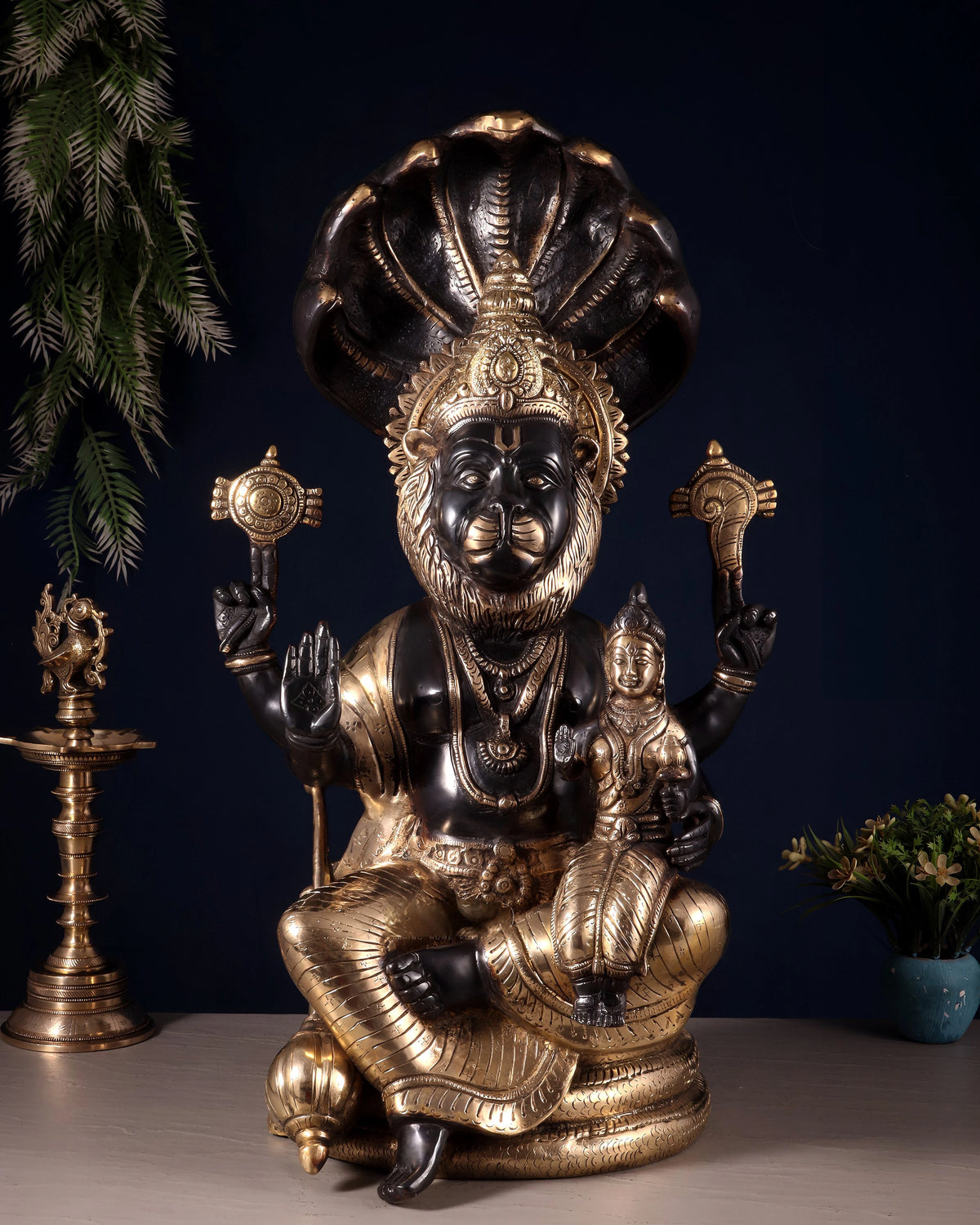 Large brass Narsimha Lakshmi statue with Sheshanaag, seated with raised hands