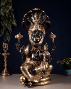 Large brass Narsimha Lakshmi statue with Sheshanaag, seated with raised hands