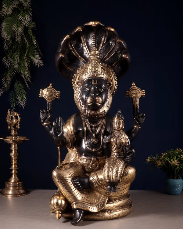 Brass Large Narsimha Lakshmi with Sheshanaag Statue (Height: 23 Inches) Mandir Setting