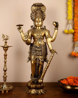 Brass Lord Vishnu idol, 40-inch tall, ornate crown and four arms in blessing pose