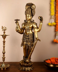 Brass Lord Vishnu idol, 40-inch tall, detailed torso ornaments and raised right hand