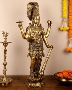 Brass Lord Vishnu idol, 40-inch tall, profile view with staff-like arm and crown