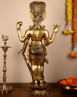 Brass Lord Vishnu idol, 40-inch tall, back view with detailed halo and jeweled belt