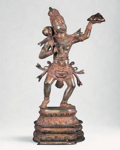 Bronze Hanuman standing statue, detailed face and flowing ornaments, 18 in tall.