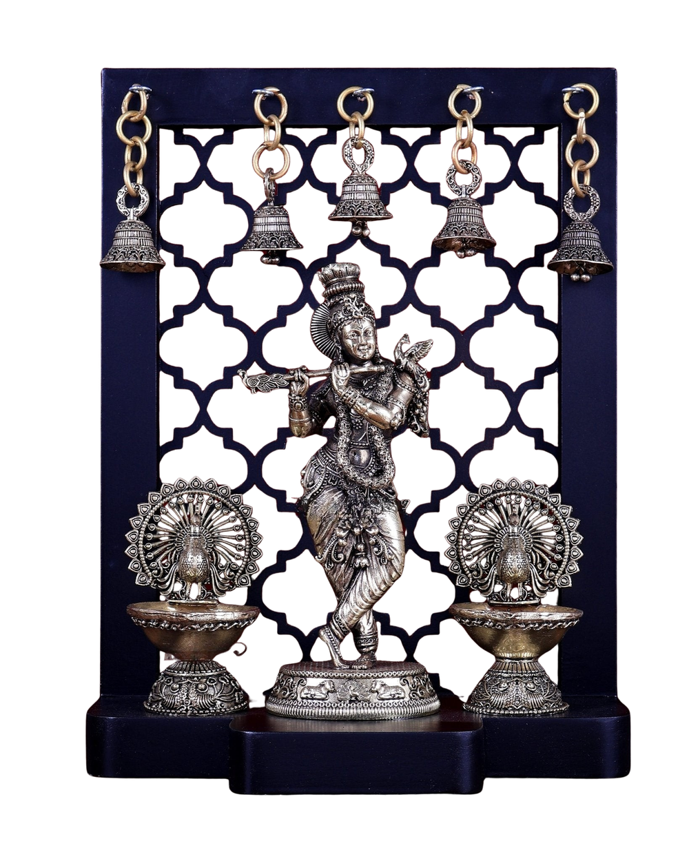 Superfine Brass Lord Krishna with Dual Peacock Lamps & Hanging Bells (Height :12 Inches)