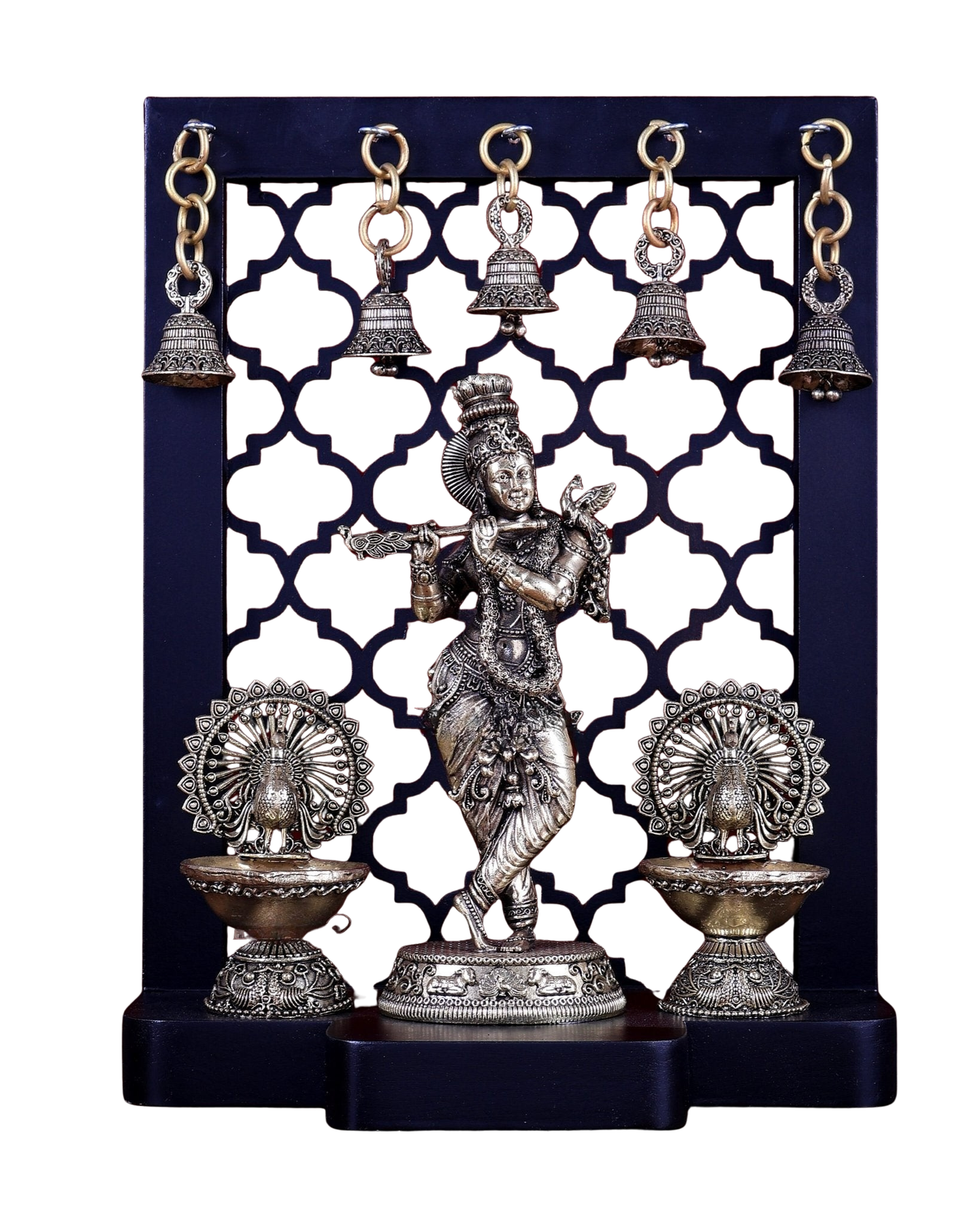 AONA Brass Lord Krishna with Dual Peacock Lamps & Hanging Bells