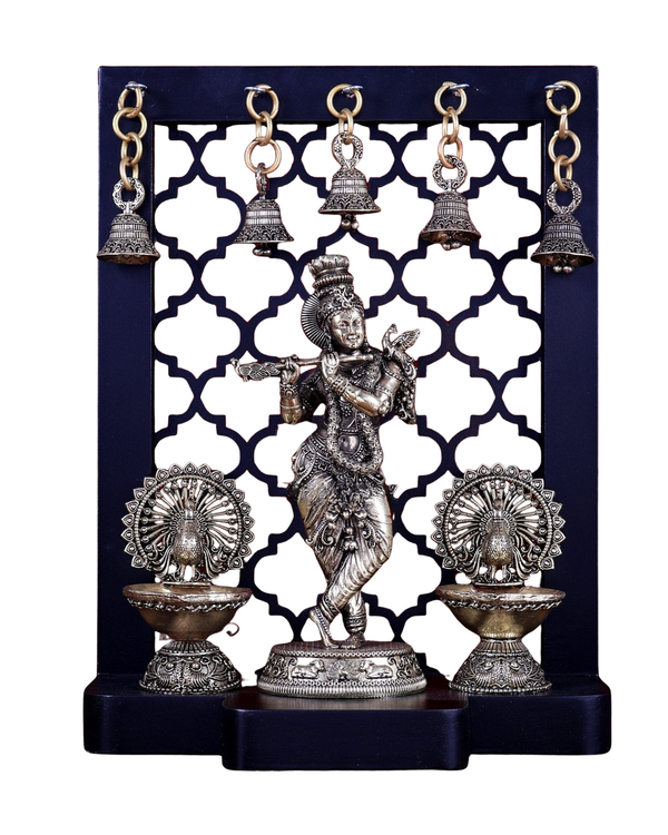 Superfine Brass Lord Krishna with Dual Peacock Lamps & Hanging Bells (Height :12 Inches)