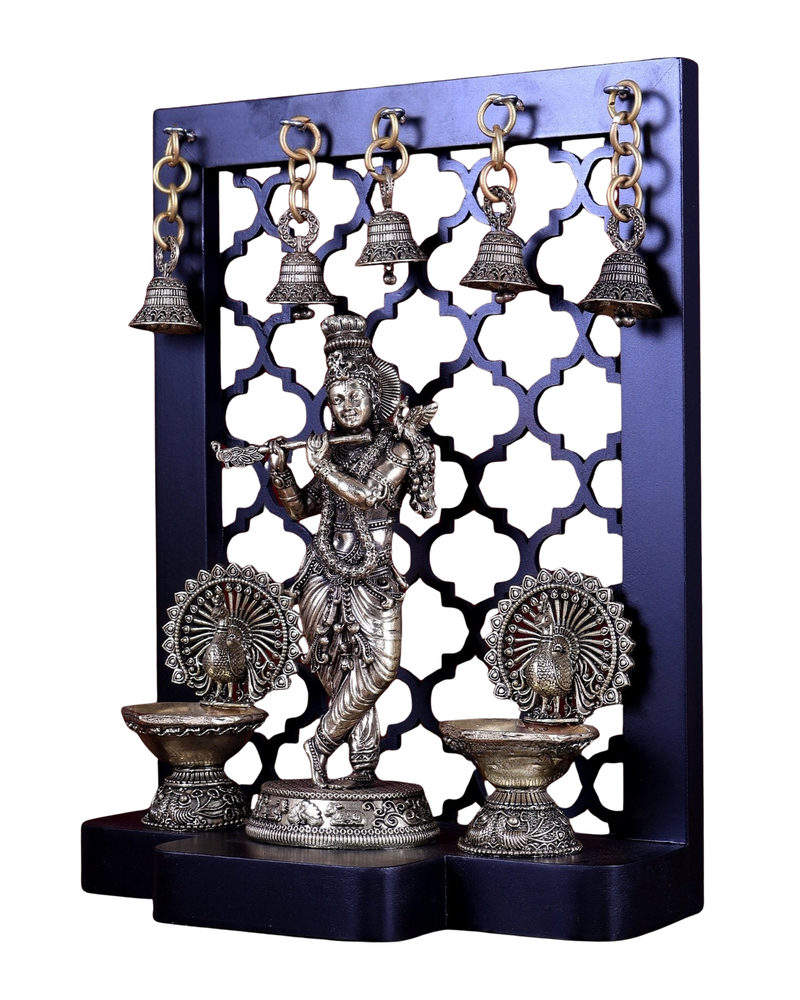 Brass Lord Krishna with Dual Peacock Lamps & Hanging Bells (Height :12 Inches)