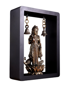 Framed brass Murugan statue holding pose, with two hanging bell charms