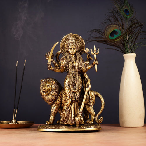 Brass Ashtabhuja Durga Idol with Lion | Handmade Eight-Armed Goddess Durga Statue (Height: 10.5 Inches)