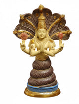 Brass Patanjali statue with golden face, blue base, and multi-armed fan halo.