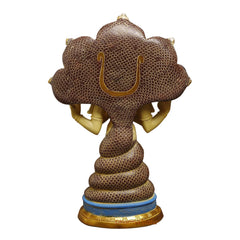 Back view Patanjali statue with scaly brown fan back, golden arms, blue-and-gold base.